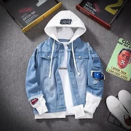 image-E-BAIHUI Men Denim Jacket Streetwear Hip Hop Hooded Jean Jackets Male