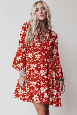image-Sky Blue Boho Floral Print Mini Dress 3/4 Sleeve