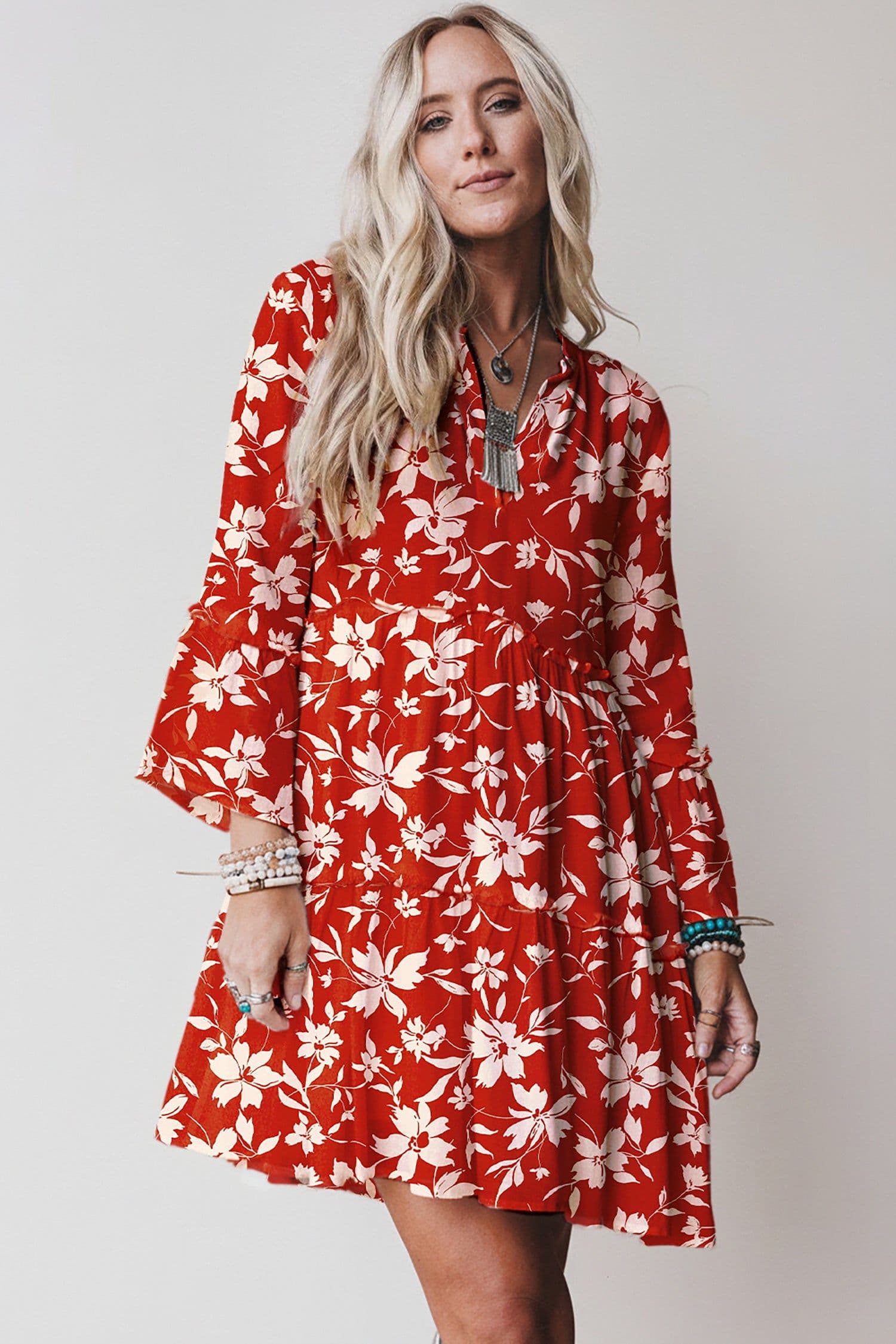 image-Sky Blue Boho Floral Print Mini Dress 3/4 Sleeve