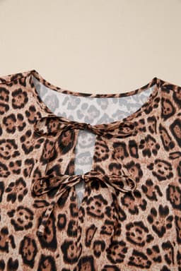 image-Brown Leopard Bow Tie Puff Sleeve Blouse