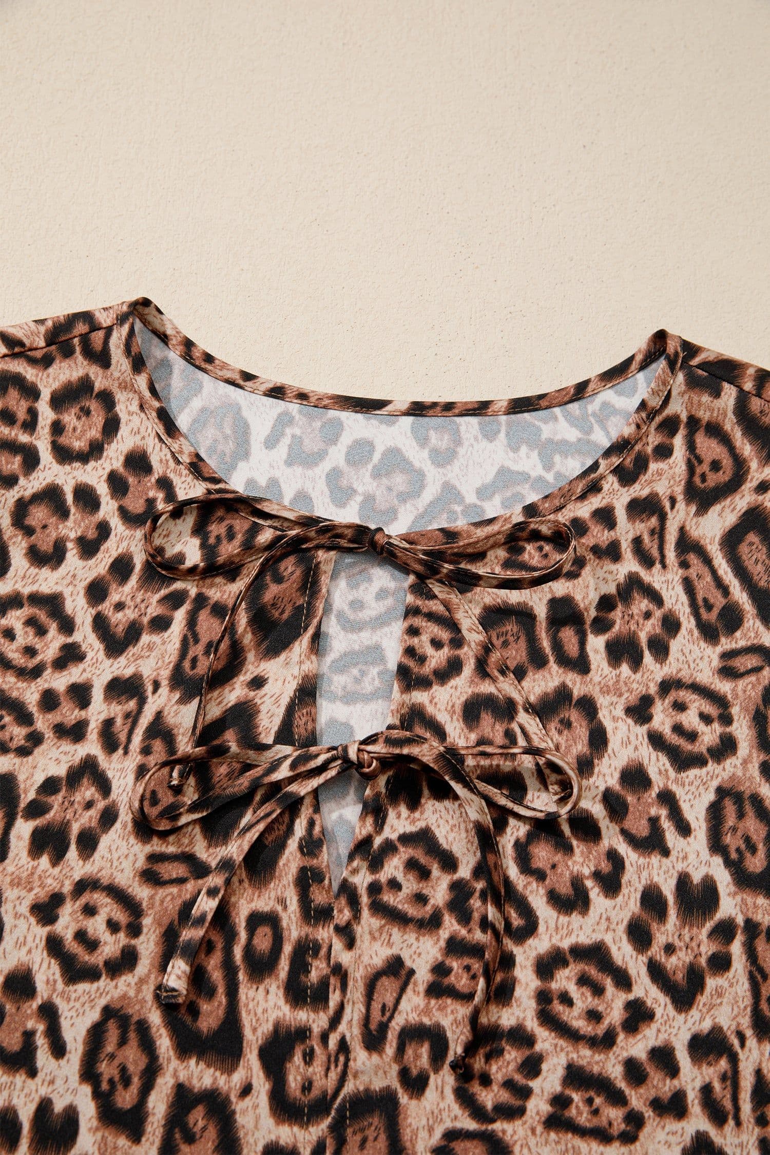 image-Brown Leopard Bow Tie Puff Sleeve Blouse