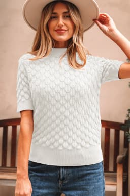image-White Fish Scale Textured Knit Sweater High Neck