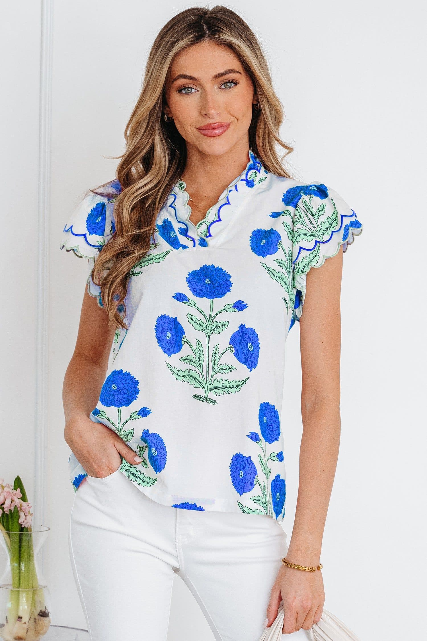 image-Blue Wild Flower Print Contrast Trim Scallop Detail Short Sleeve Blouse