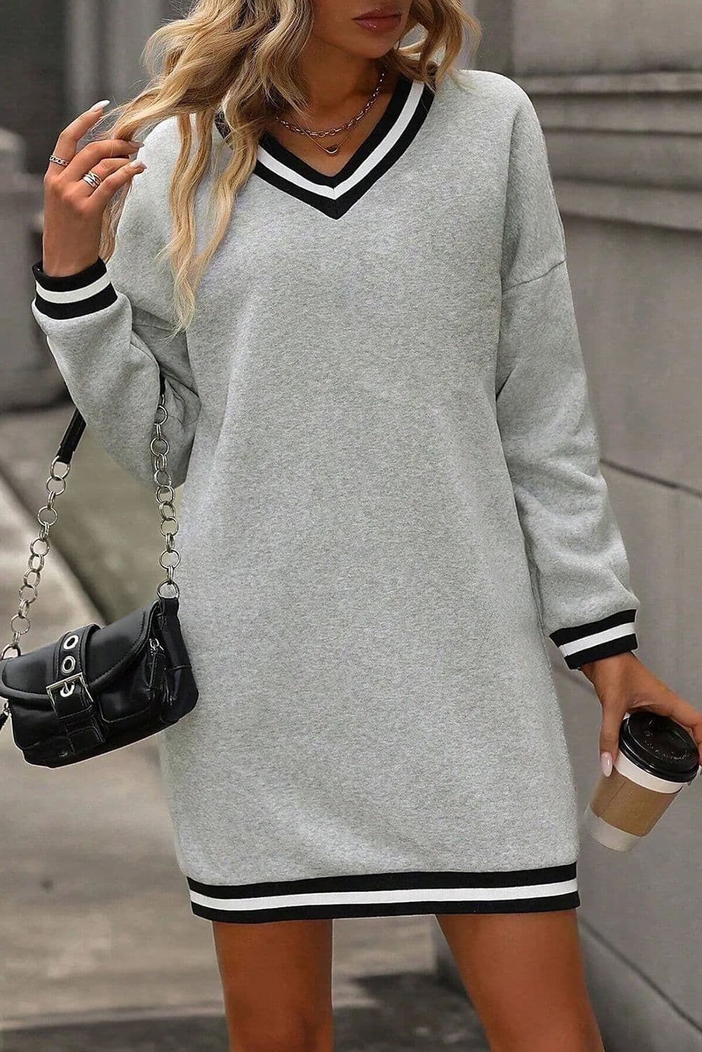 image-Light Grey Striped Trim V Neck Long Sleeve Preppy T Shirt Dress
