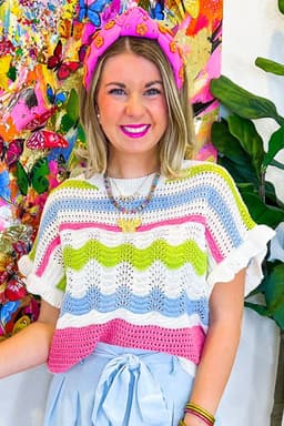 image-White Colorblock Crochet Knit Ruffled Short Sleeve Top