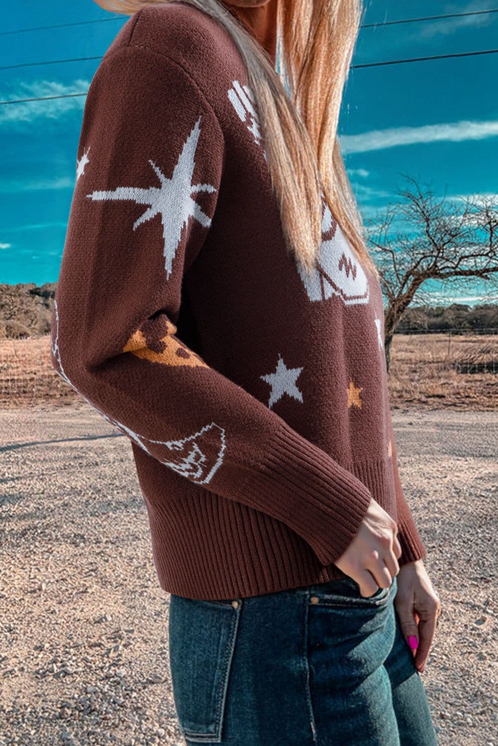 image-Brown Cowgirl Fashion Print Casual Sweater