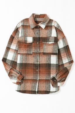 image-Shacket with Pink/Black Plaid Flap Pockets - Chic Style, Loose Fit (65 characters)