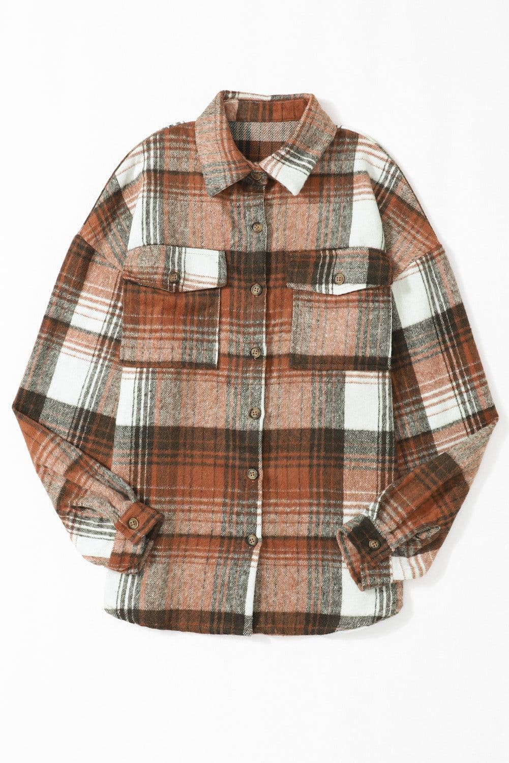 image-Shacket with Pink/Black Plaid Flap Pockets - Chic Style, Loose Fit (65 characters)