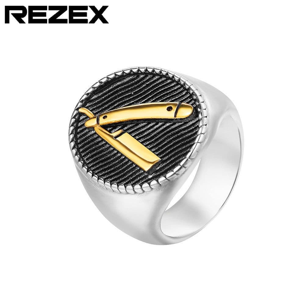 image-Mens Retro Stainless Steel Ring Gold Tone Size 13 European American Jewelry