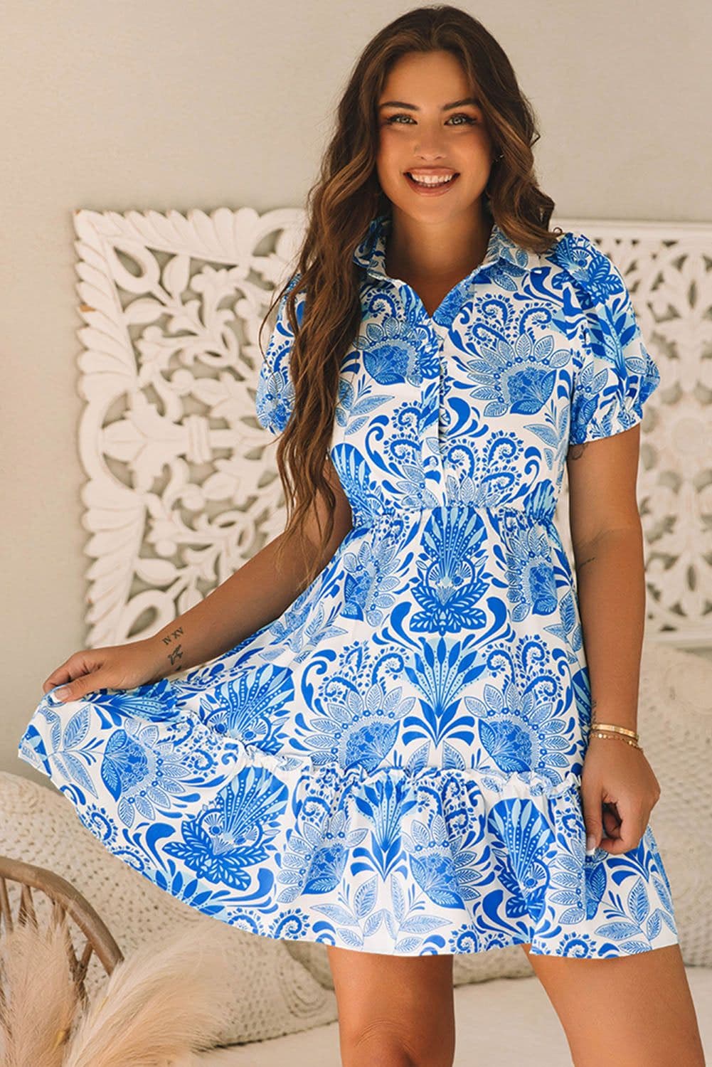image-Sky Blue Retro Floral Print Drawstring Mini Dress