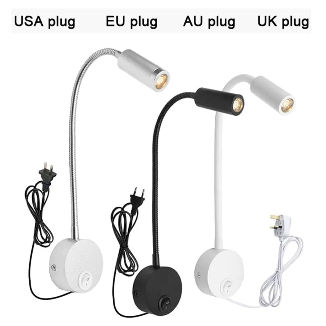 image-Plug Wired Flexible 3 Watts 3W Gooseneck Led Wall Light Sconce Lamp Lighting for Bedroom Reading Bathroom with Plug, black white
