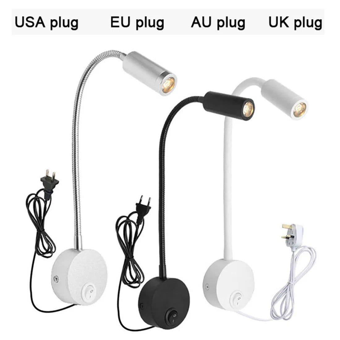 image-Plug Wired Flexible 3 Watts 3W Gooseneck Led Wall Light Sconce Lamp Lighting for Bedroom Reading Bathroom with Plug, black white