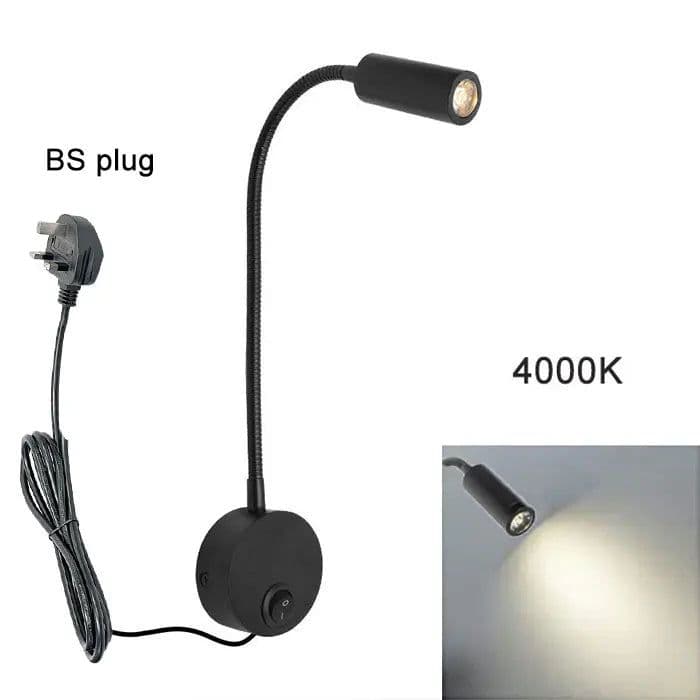 image-Plug Wired Flexible 3 Watts 3W Gooseneck Led Wall Light Sconce Lamp Lighting for Bedroom Reading Bathroom with Plug, black white
