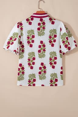 image-White Floral Blouse - Short Puff Sleeve Contrast