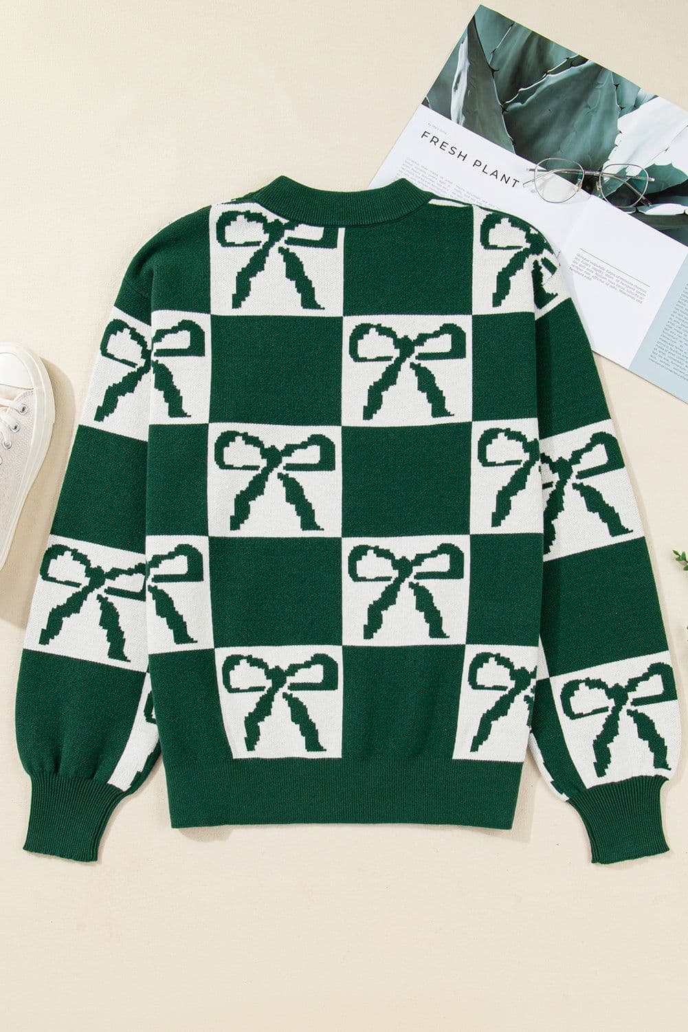 image-Blackish Green Checkered Bow Print Casual Sweater