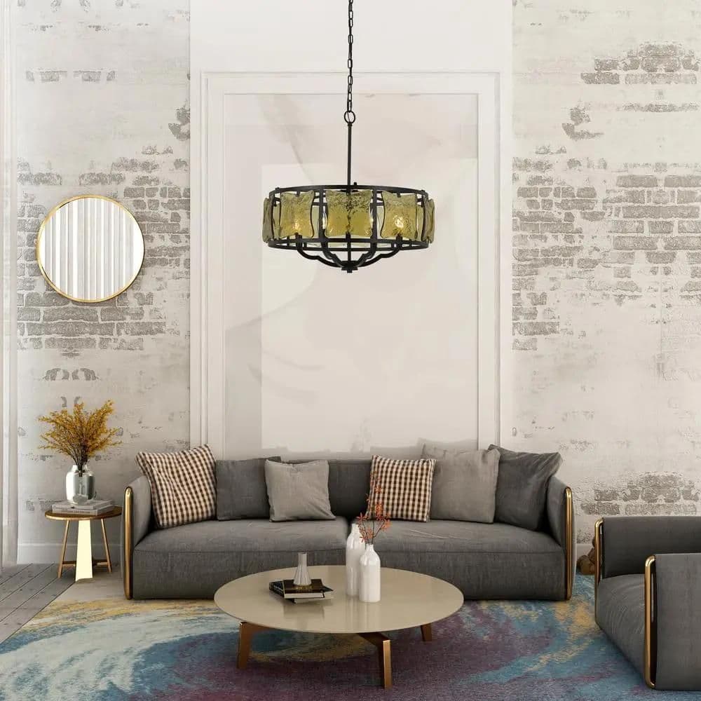 image-60W X 6 Revenna Forged Iron Chandelier With Hand Crafted Glass