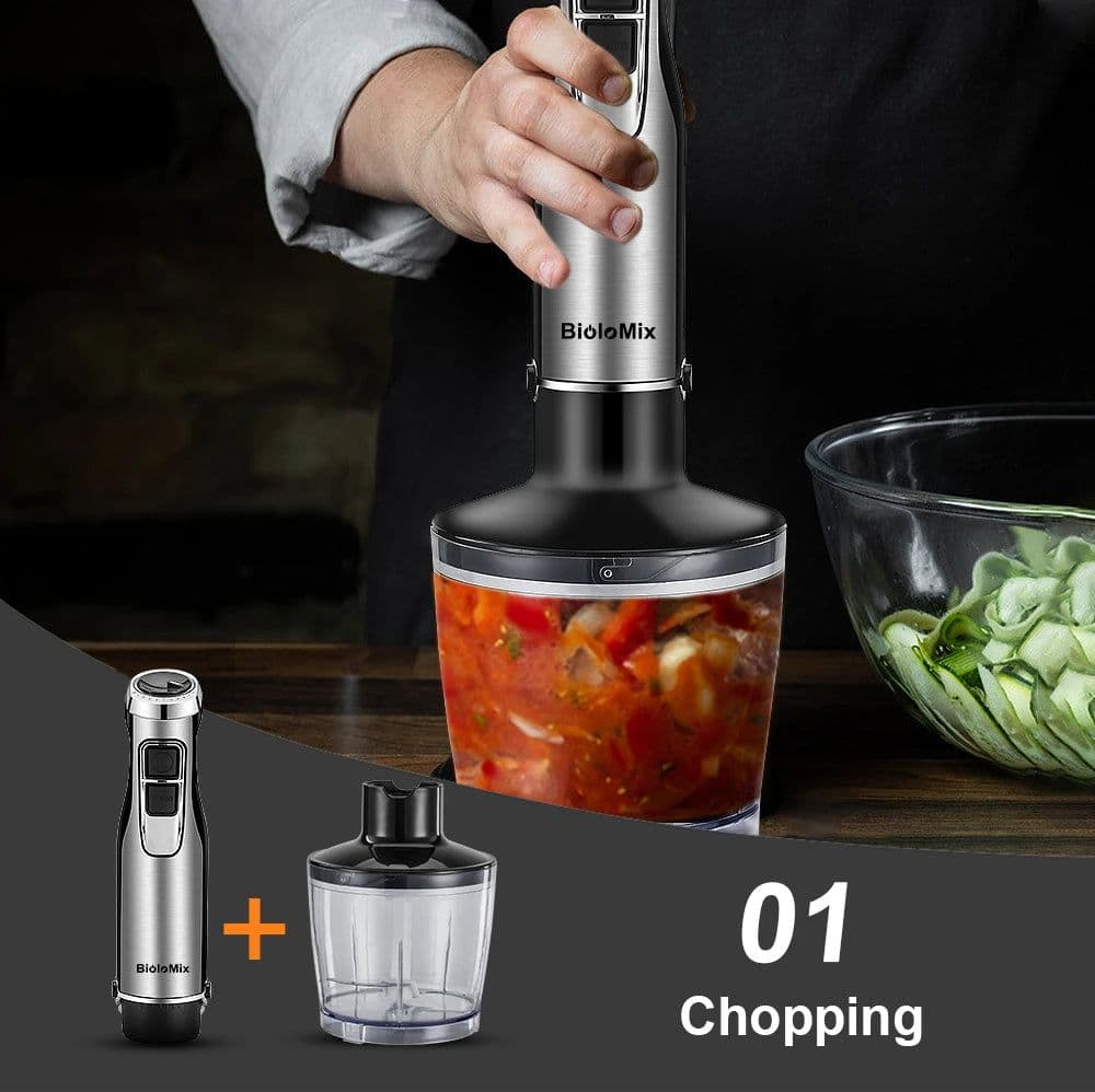 image-BioloMix 4 in 1 High Power 1200W Immersion Hand Stick Blender Mixer Includes Chopper and Smoothie Cup Stainless Steel Ice Blades