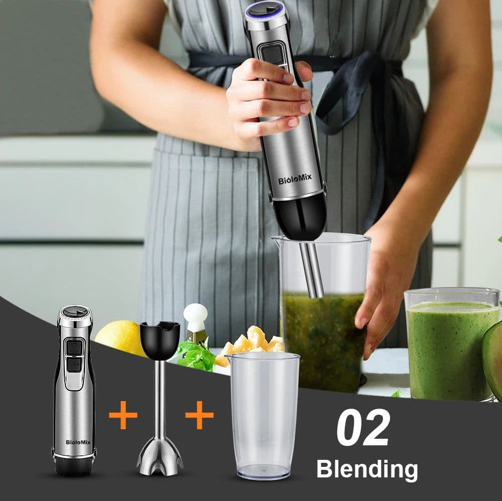 image-BioloMix 4 in 1 High Power 1200W Immersion Hand Stick Blender Mixer Includes Chopper and Smoothie Cup Stainless Steel Ice Blades