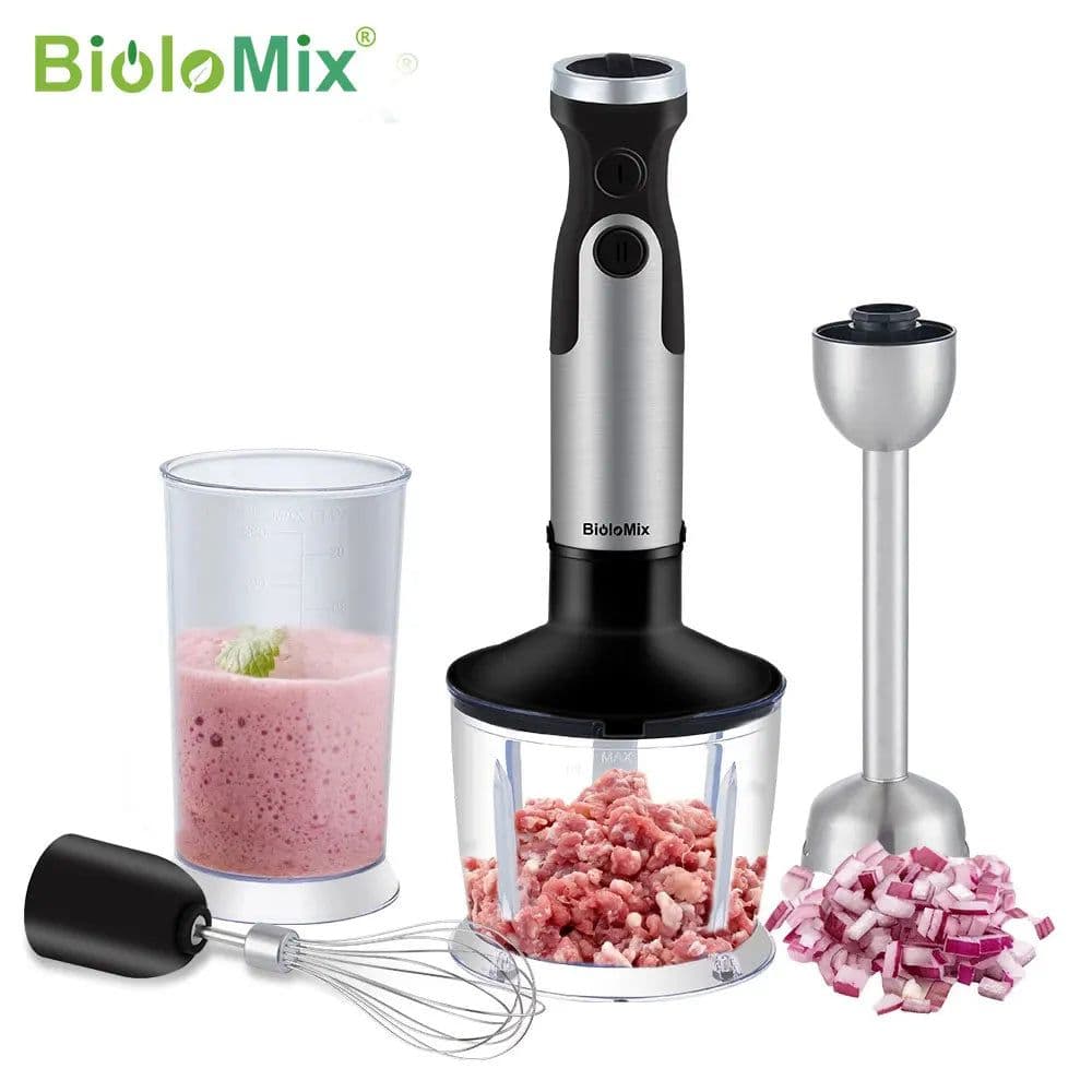 image-BioloMix 1200W 5-in-1 Immersion Hand Stick Blender Mixer Vegetable Meat Grinder 800ml Chopper Whisk 600ml Smoothie Cup
