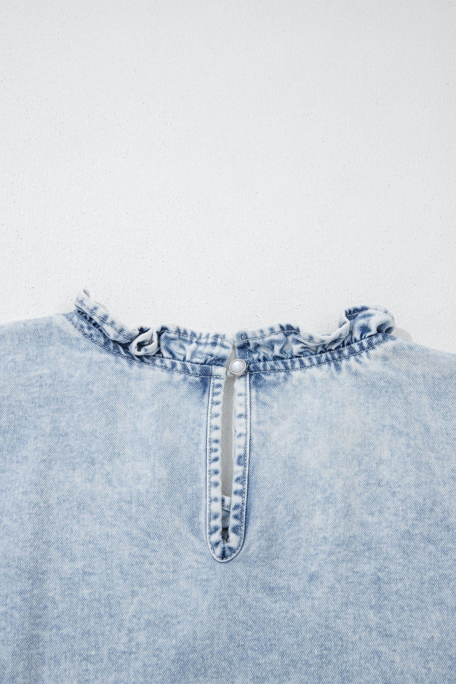 image-Beau Blue Ruffle Pleated Detail Vintage Washed Denim Top