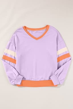 image-Orchid Bouquet Contrast Rib Knit Patchwork Drop Shoulder V Neck Sweatshirt