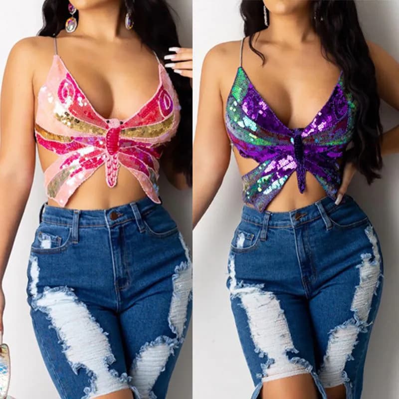 image-Sexy small vest suspenders butterfly sequined top European and American foreign trade cross-border women's clothing AliExpress Amazon new hot style