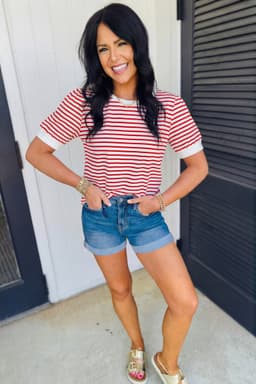 image-Red Stripe Contrast Trim Round Neck Short Puff Sleeve T Shirt