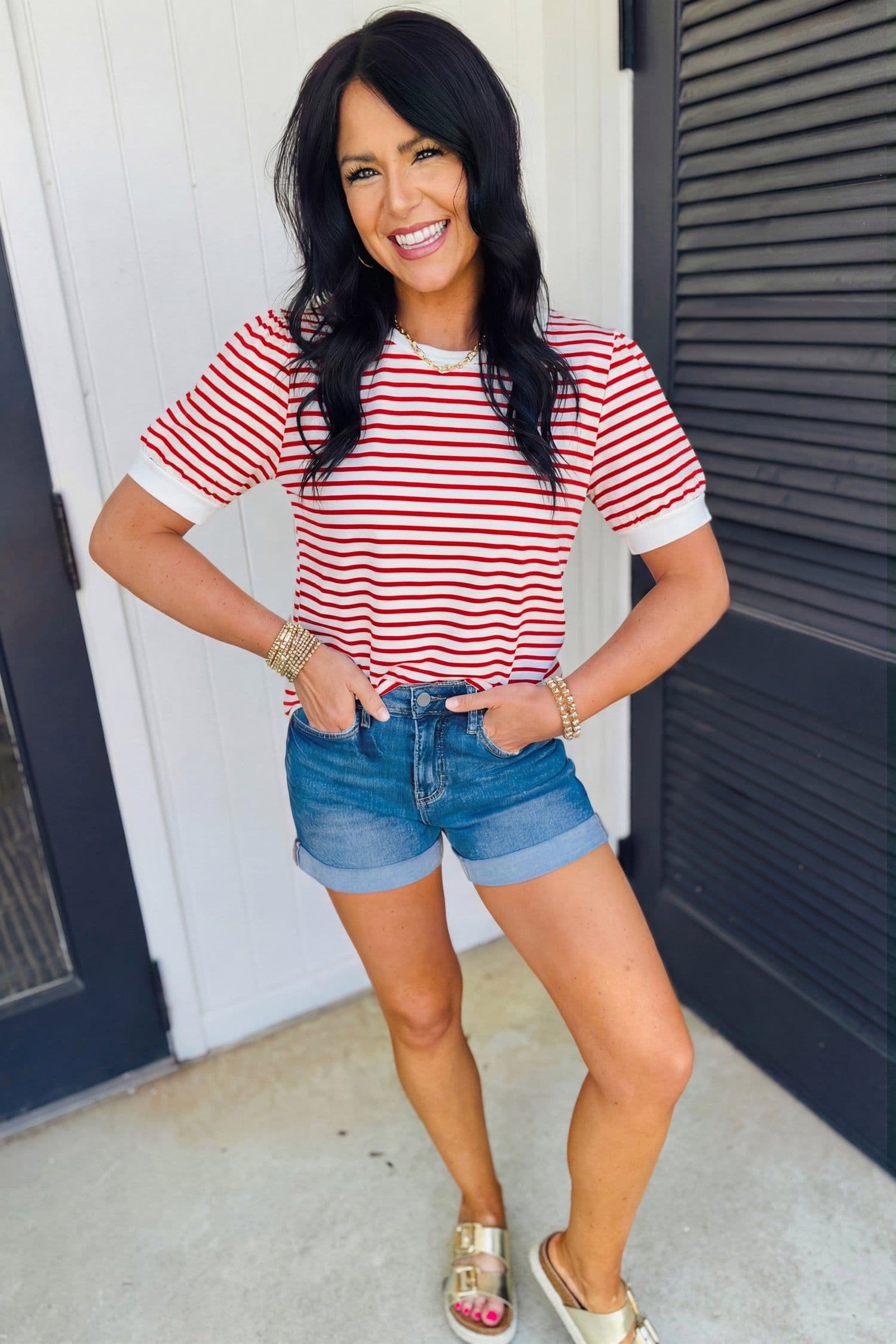 image-Red Stripe Contrast Trim Round Neck Short Puff Sleeve T Shirt