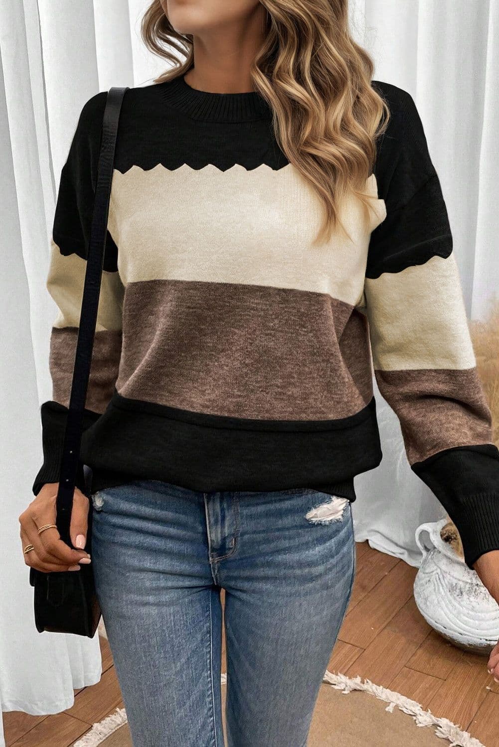 image-Brown Colorblock Crew Neck Drop Shoulder Sweater