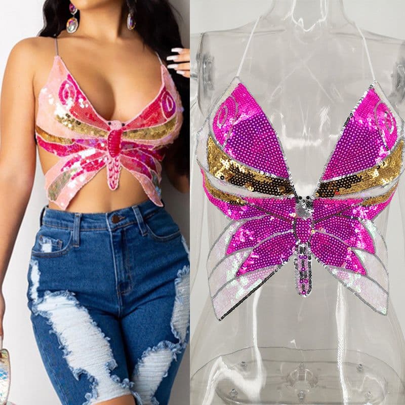 image-Sexy small vest suspenders butterfly sequined top European and American foreign trade cross-border women's clothing AliExpress Amazon new hot style