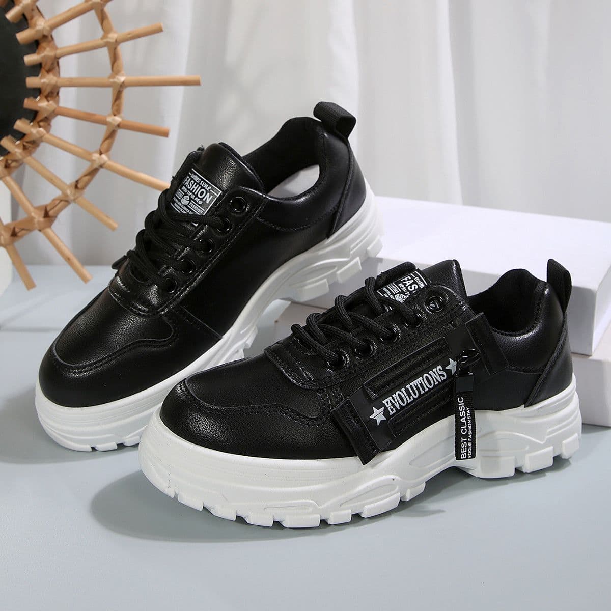 image-Lace-up Sports Shoes With Side-Zipper Design Fashion Thick-soled Round-toe Casual Shoes For Women Sneakers