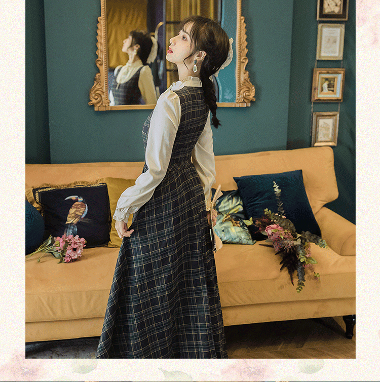 image-Plaid Embroidered Long Skirt - Retro College Style