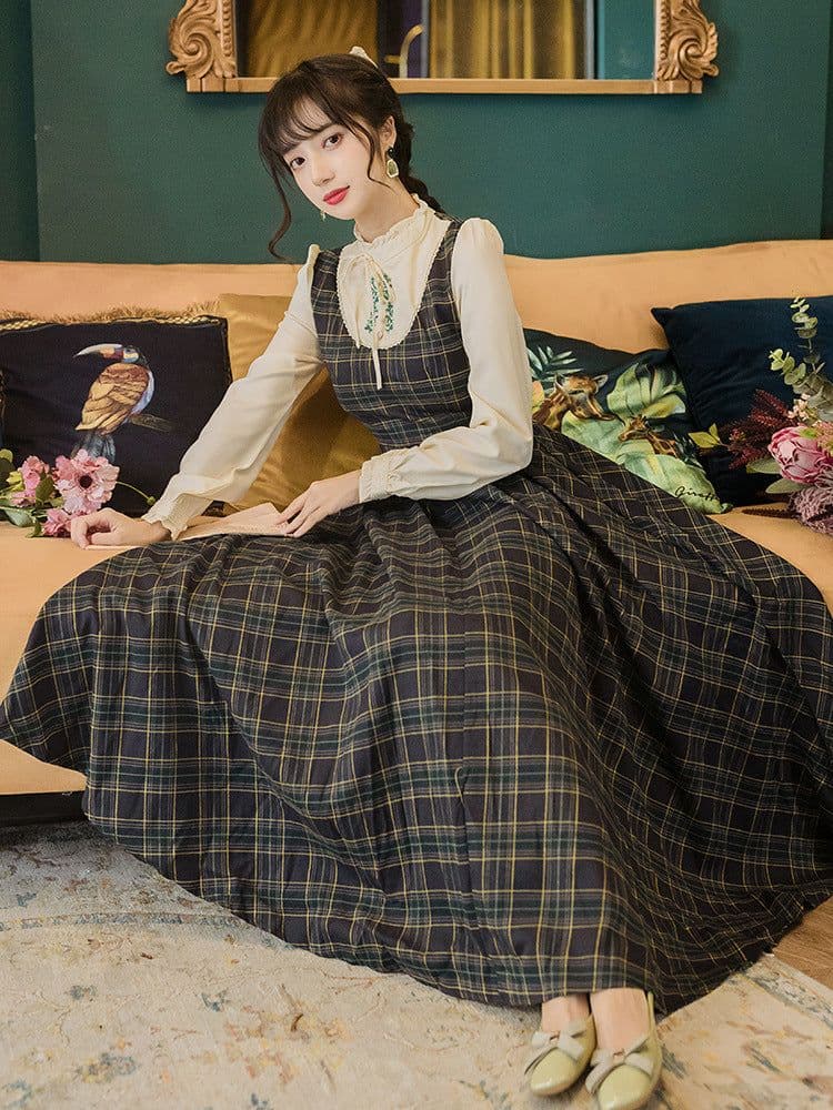 image-Plaid Embroidered Long Skirt - Retro College Style