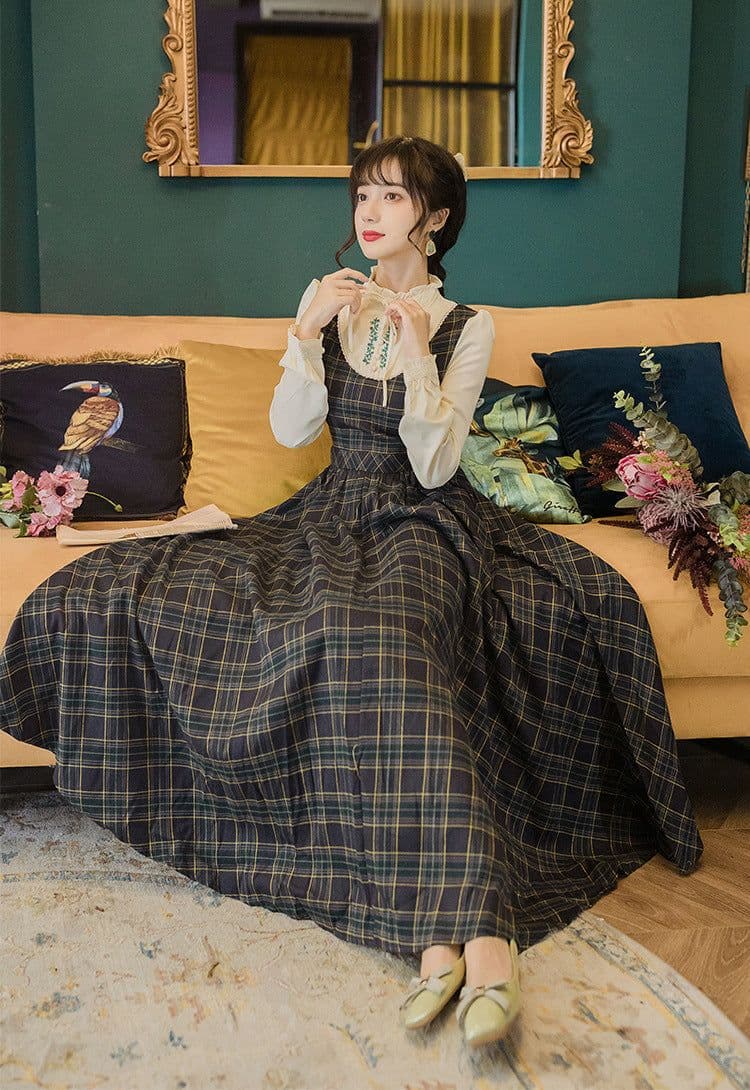 image-Plaid Embroidered Long Skirt - Retro College Style
