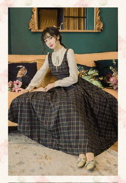 image-Plaid Embroidered Long Skirt - Retro College Style