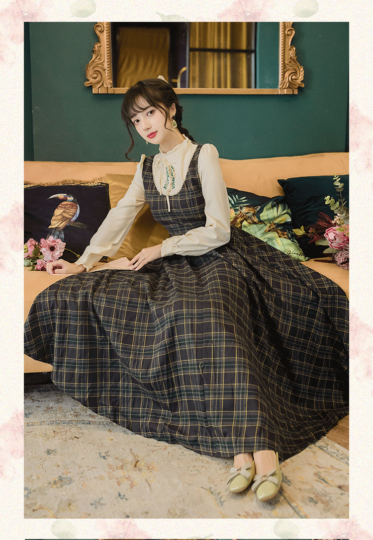 image-Plaid Embroidered Long Skirt - Retro College Style