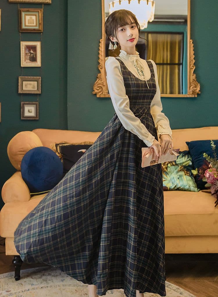 image-Plaid Embroidered Long Skirt - Retro College Style