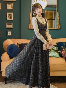 image-Plaid Embroidered Long Skirt - Retro College Style