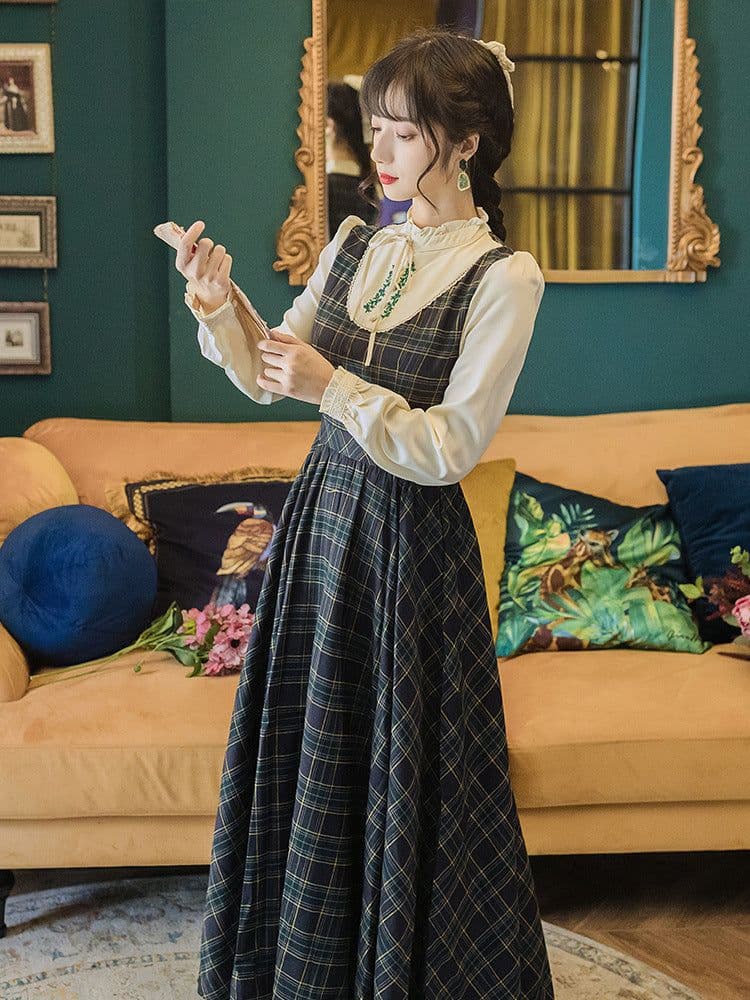 image-Plaid Embroidered Long Skirt - Retro College Style