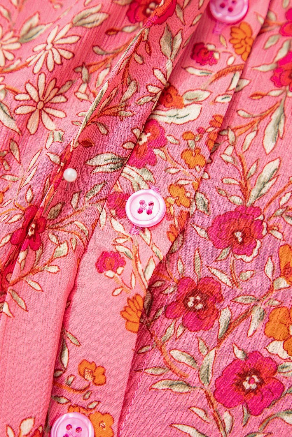 image-Rose Red Floral Print Shirt - Wide Short Sleeve Loose