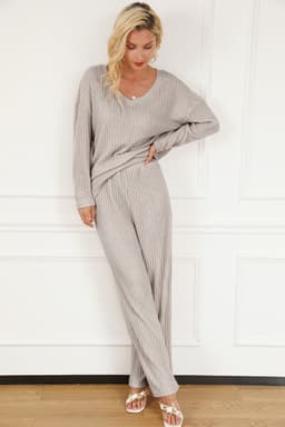 image-Ribbed Knit V Neck Slouchy Two-Piece Outfit - Khaki Modern Chic