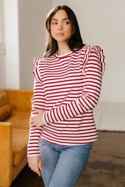 image-Red Stripe Ruffle Long Sleeve Top