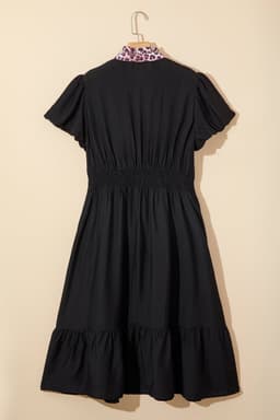 image-Black Leopard V Neck Patchwork Smocked Waist Plus Size Ruffled Dress