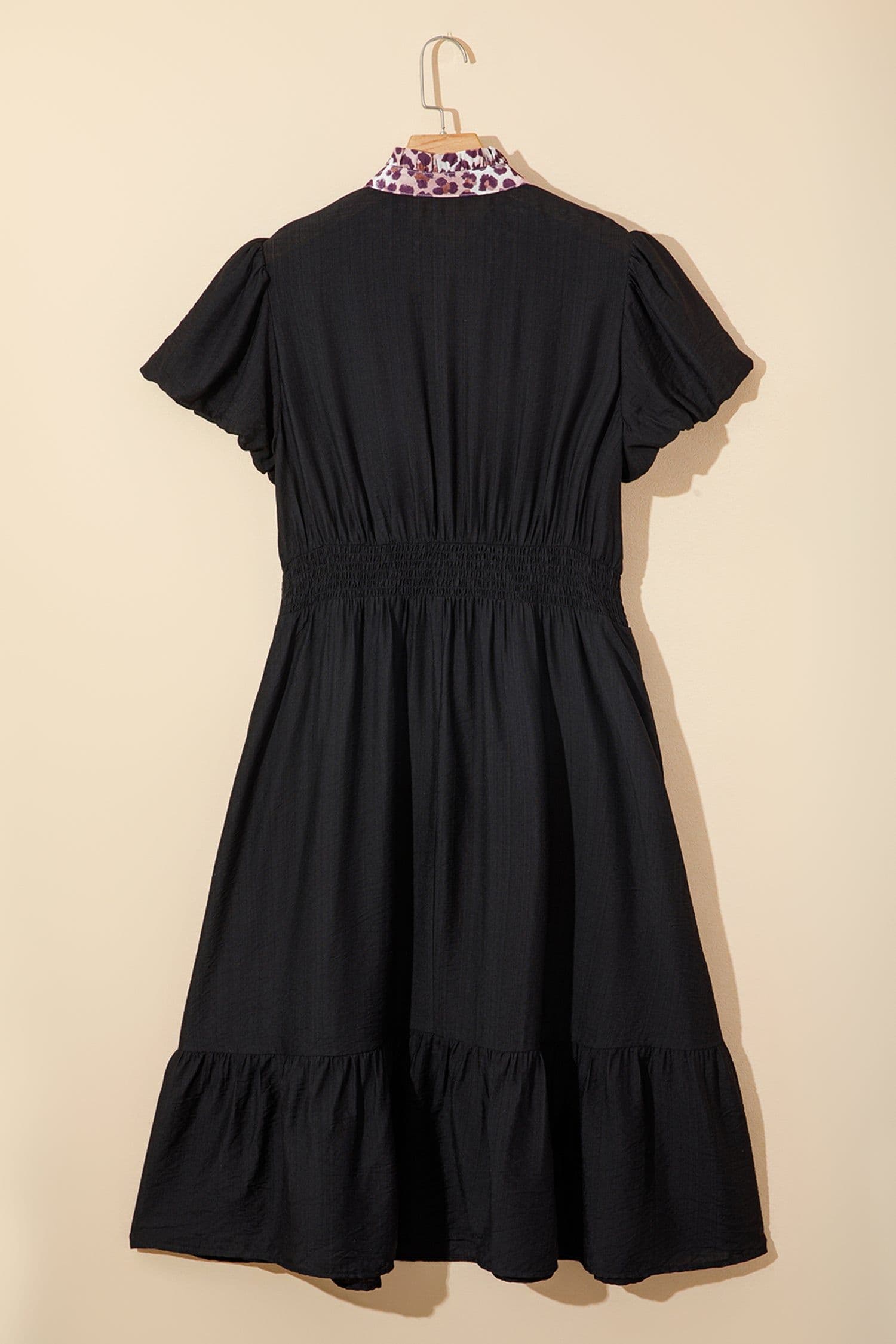 image-Black Leopard V Neck Patchwork Smocked Waist Plus Size Ruffled Dress