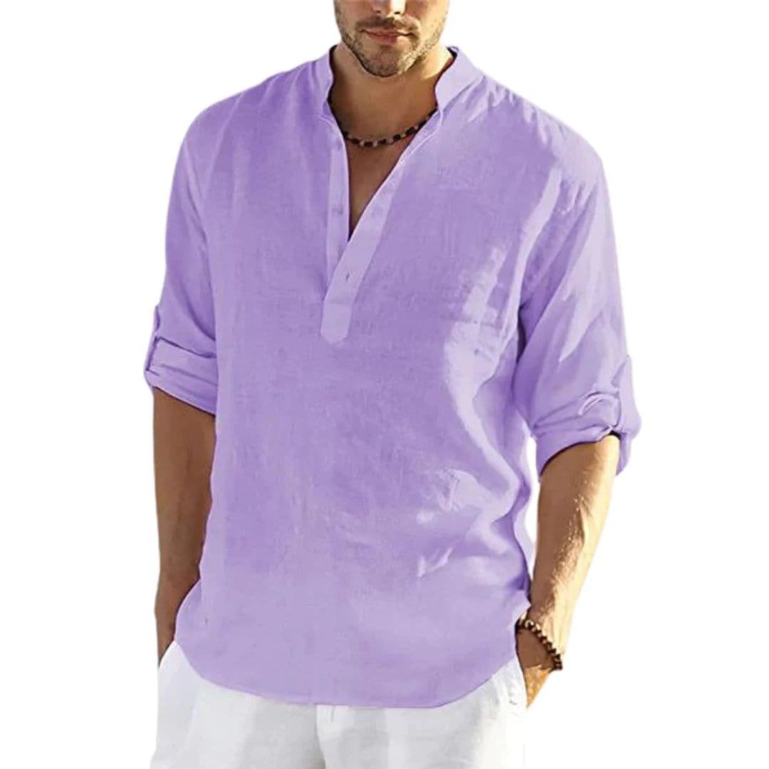 image-Men's Casual Cotton Linen Solid Color Long Sleeve Shirt Loose Stand Collar