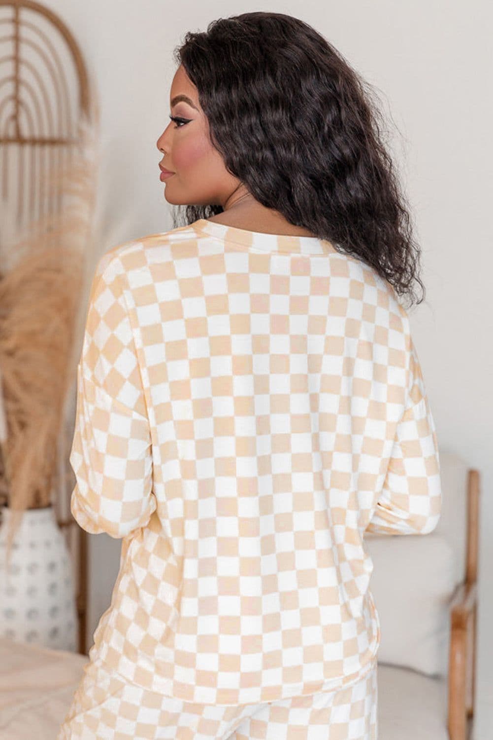 image-Checkered Print Lounge Set - Beige Long Sleeve Top & Pants Set