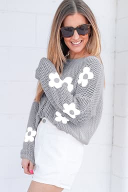 image-Light Grey Flower Hollowed Knit Sweater