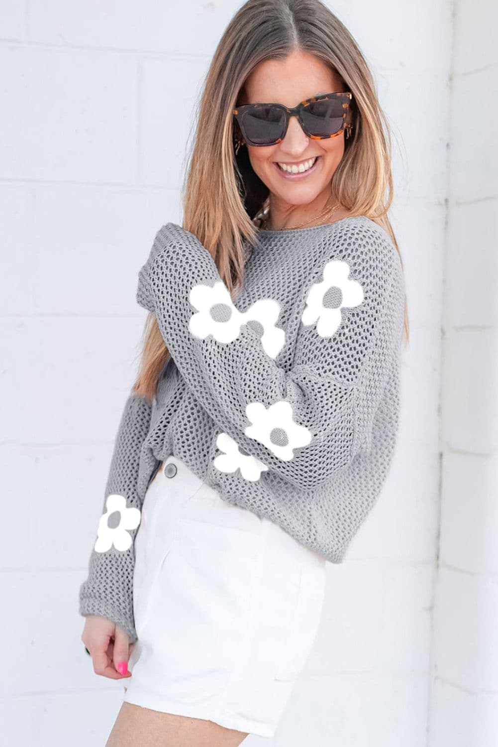 image-Light Grey Flower Hollowed Knit Sweater