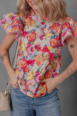 image-Floral Short Sleeve Ruffled Lace Trim Blouse (58 characters)