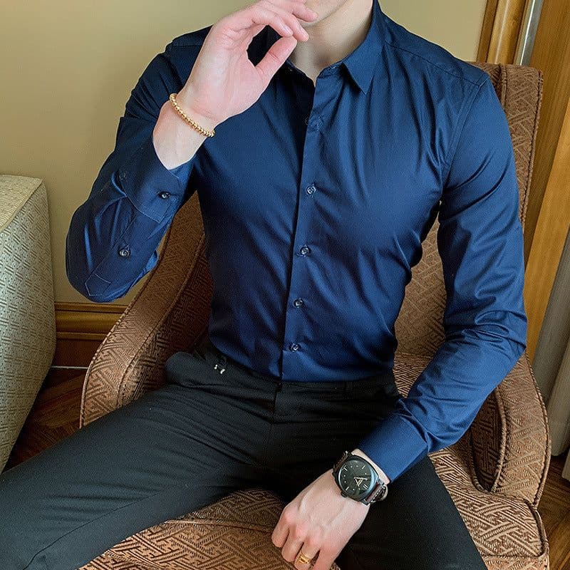 image-Men's Long Sleeve Shirt - Slim Fit Cotton Blend